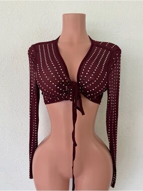 Symphony Wine Studded Tie-Front Long Sleeve Crop Top